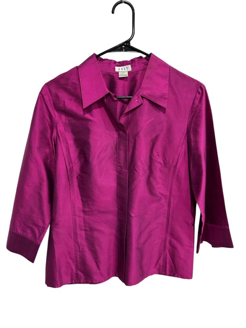 Betu Fuchsia 100% Silk 3/4 Sleeve Button Down Blouse Size 8 Retro Barbiecore